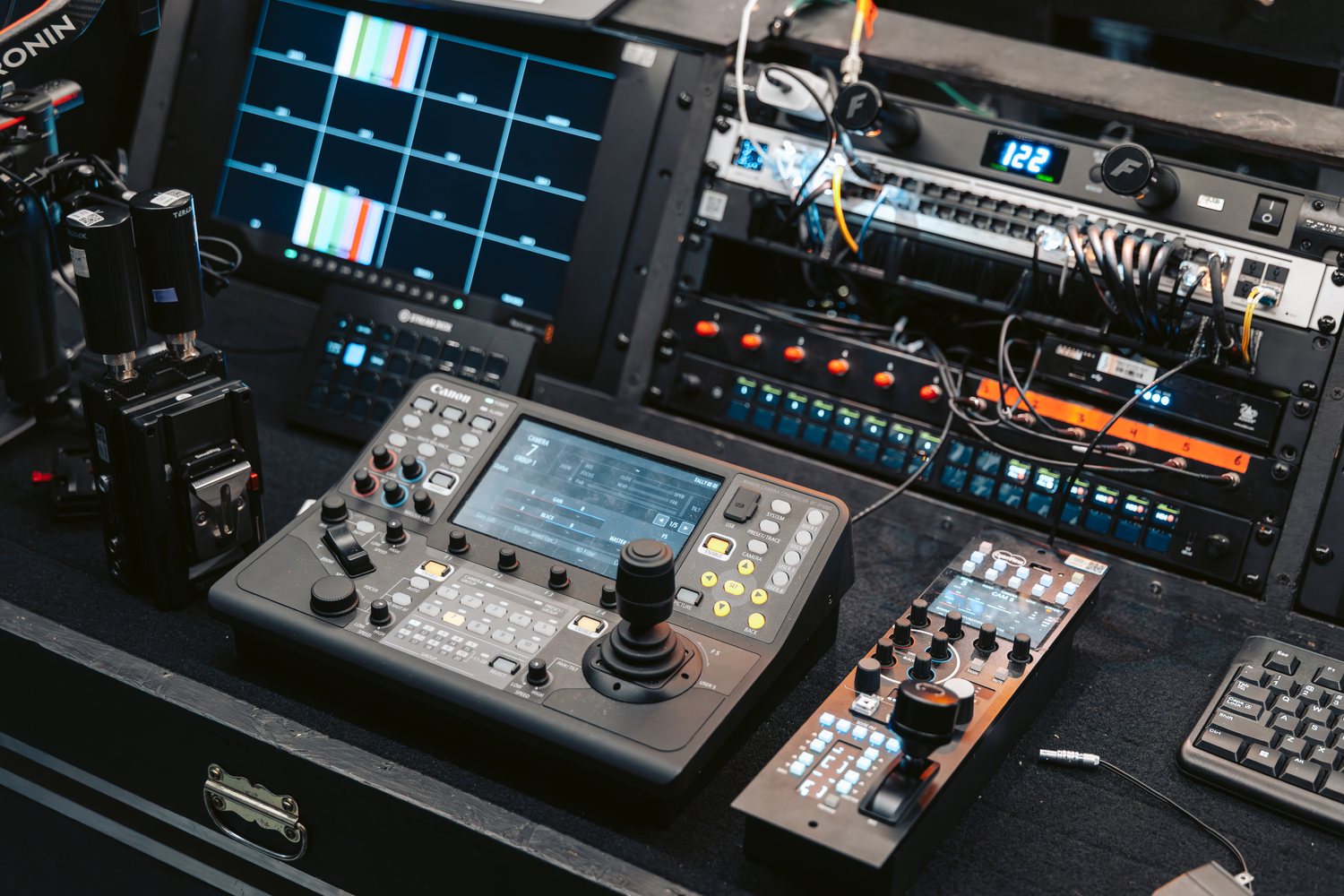 A camera shading cart, Canon remote control panels and a multiviewer showing every angle